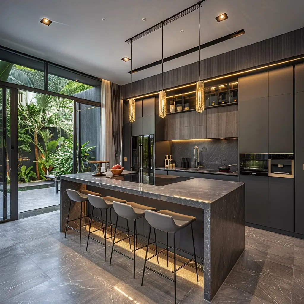 Cbmmart Modern Custom Pre-Assemble Black Matte Lacquer Plywood LED Lights Kitchen Cabinet with Stainless Steel Sink Faucet