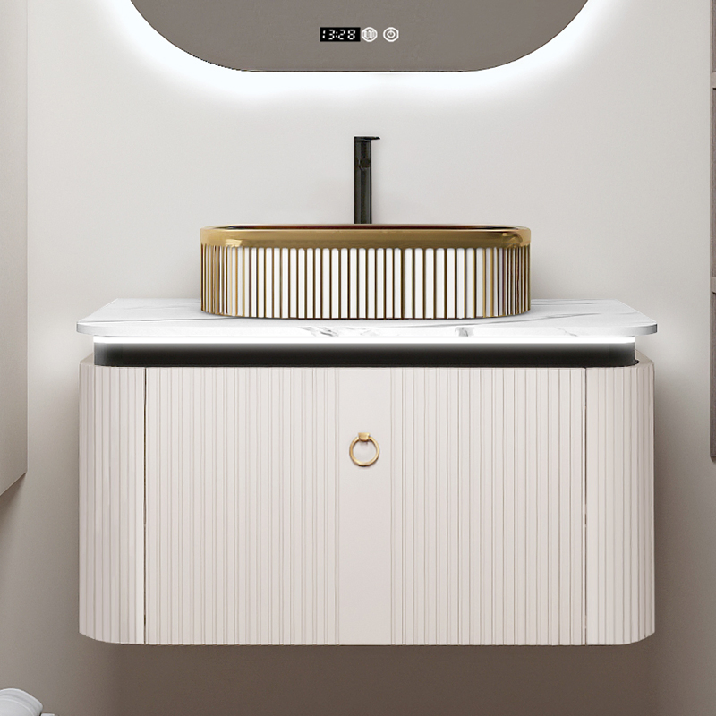 Modern Design Fluted Light Walnut Curve Bathroom Cabinet with LED Mirror for Hotel 2816-80