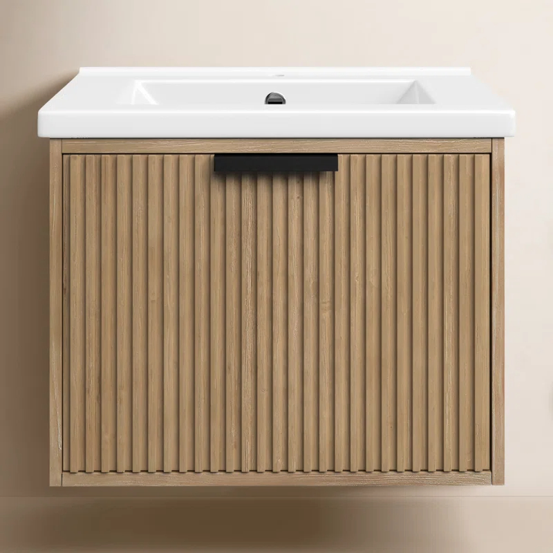 Modern Design Fluted Light Home Furniture Hanging Bathroom Cabinet with Sink