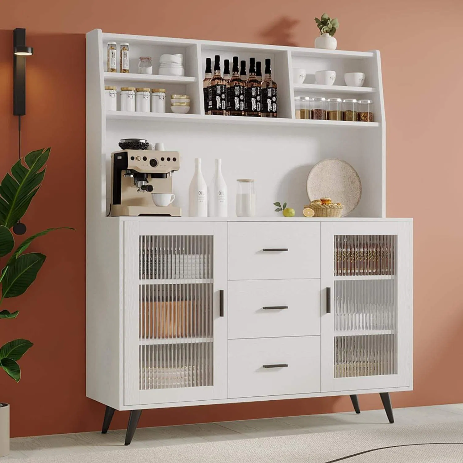 Large Modern White Wooden Sideboard, Luxurious Storage Cabinet with Drawers