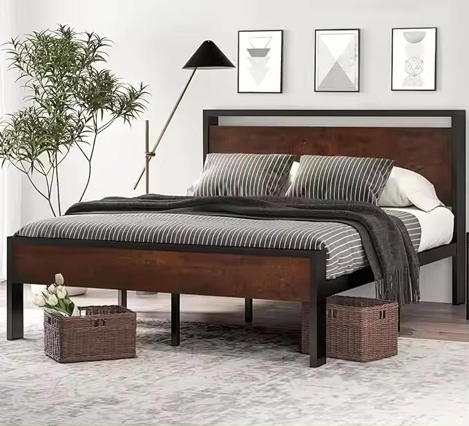Stylish 14 Inch Queen Metal Bed Frame with Wooden Headboard