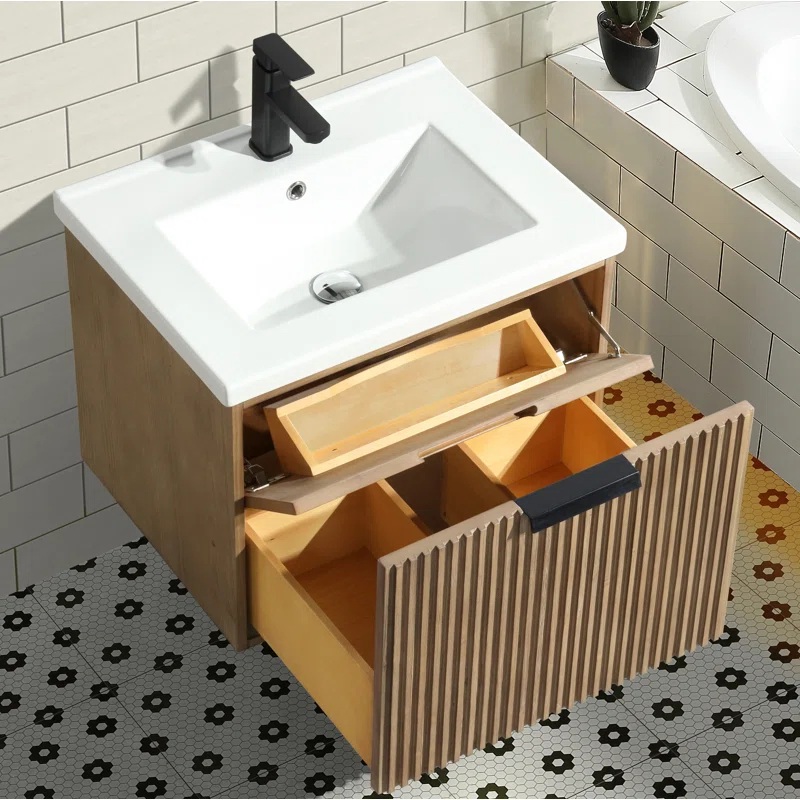 Modern Design Fluted Light Home Furniture Hanging Bathroom Cabinet with Sink
