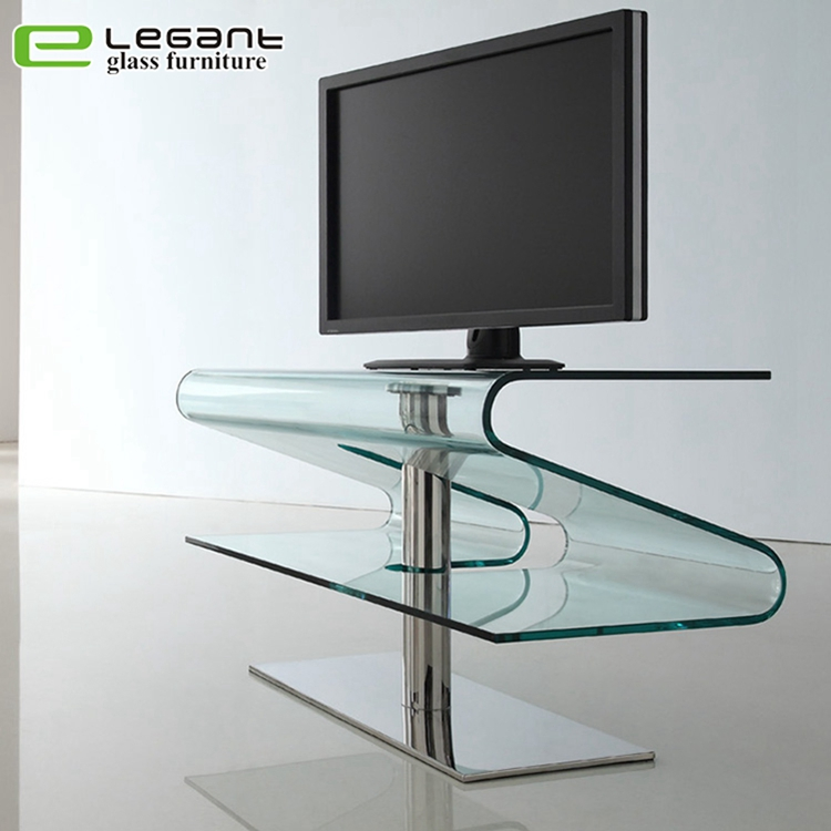 Glass LCD TV Stand with Walnut Wood Veneer Drawers