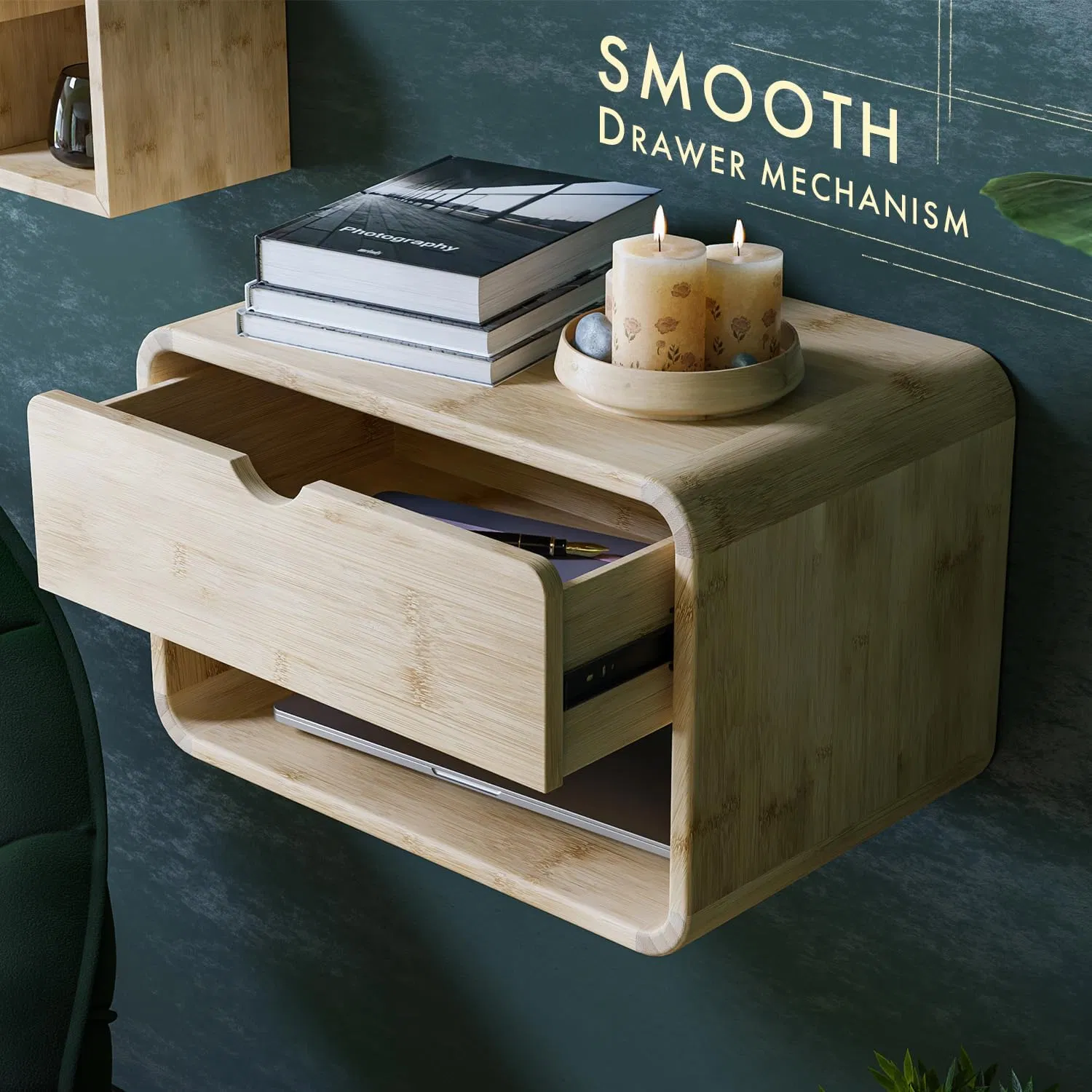 Minimalist Bamboo Wall-Mount Bedside Shelf, Modern Floating Nightstand with Drawer