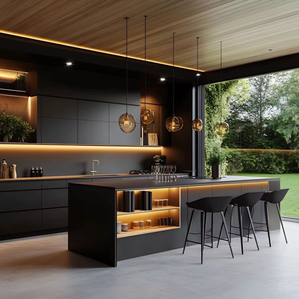 One-Stop Design Fashionable Villa Apartment Residential Cabinets and Sideboards High-End Matt Black Kitchen Cabinet Customization