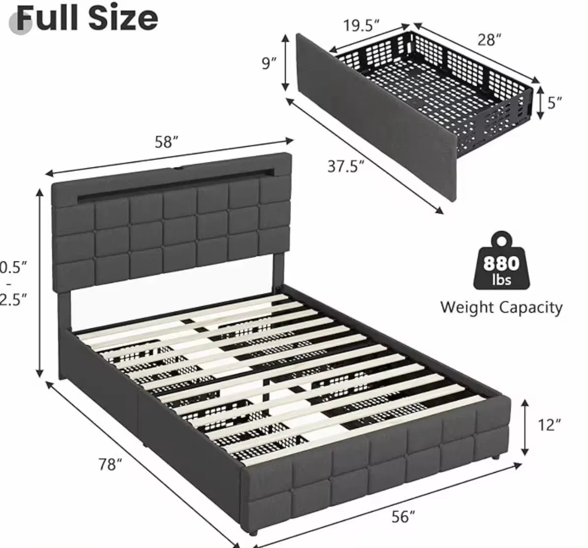 Yjx Full Size Bed Frame with USB Charging Station &amp; LED Lights