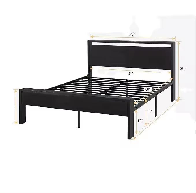 Stylish 14 Inch Queen Metal Bed Frame with Wooden Headboard