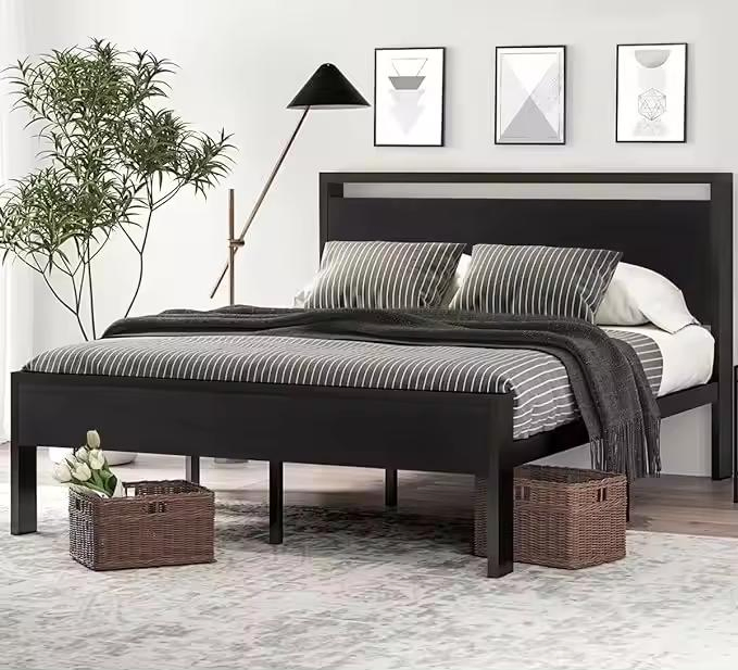 Stylish 14 Inch Queen Metal Bed Frame with Wooden Headboard