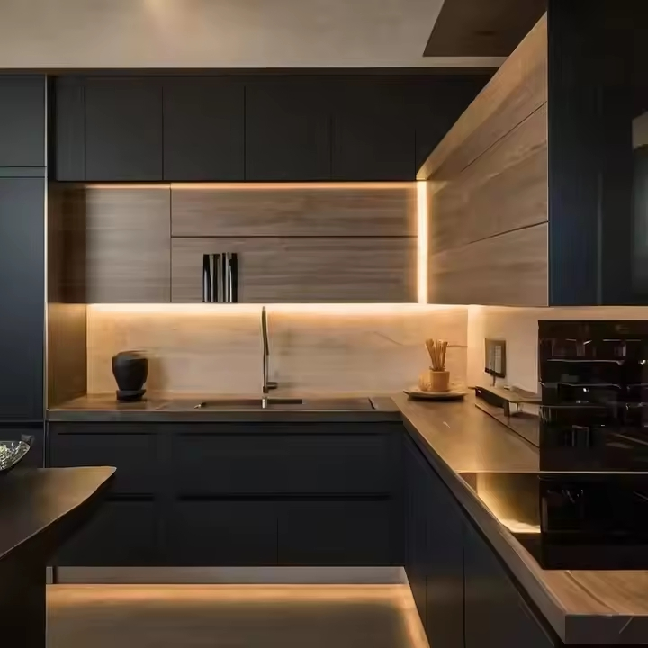 One-Stop Design Fashionable Villa Apartment Residential Cabinets and Sideboards High-End Matt Black Kitchen Cabinet Customization