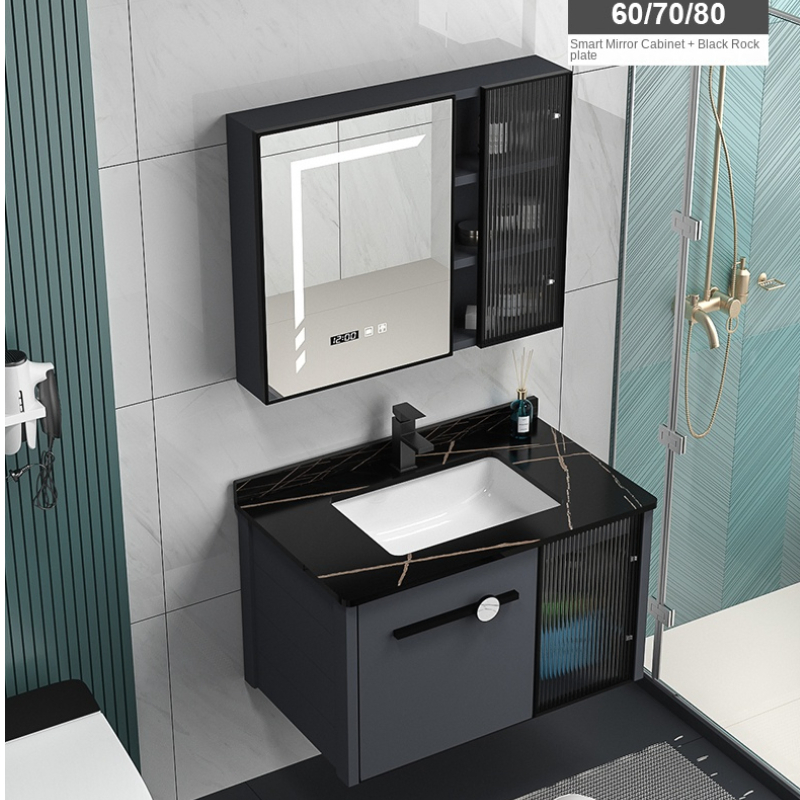 China Wholesale Sanitary Ware Rock Slab Multi Layer Solid Surface Wash Sink Bathroom Vanity Wash Basin Cabinet with LED Mirror