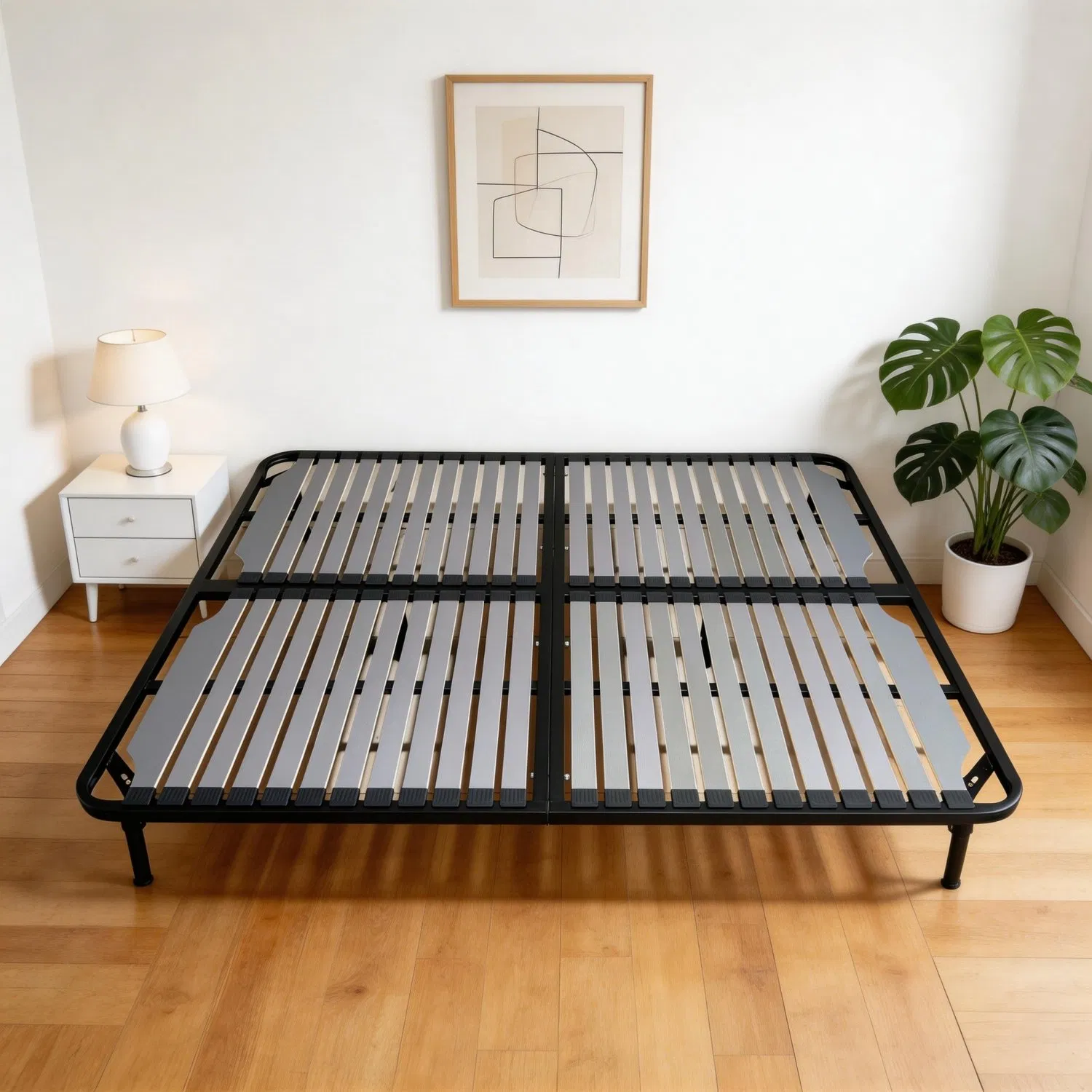 Folding Metal Slat Bed Base Foldable Bed Frame with Bidirectional Collapse and Removable Wood Planks in Multiple Widths to Suit Different Support Needs