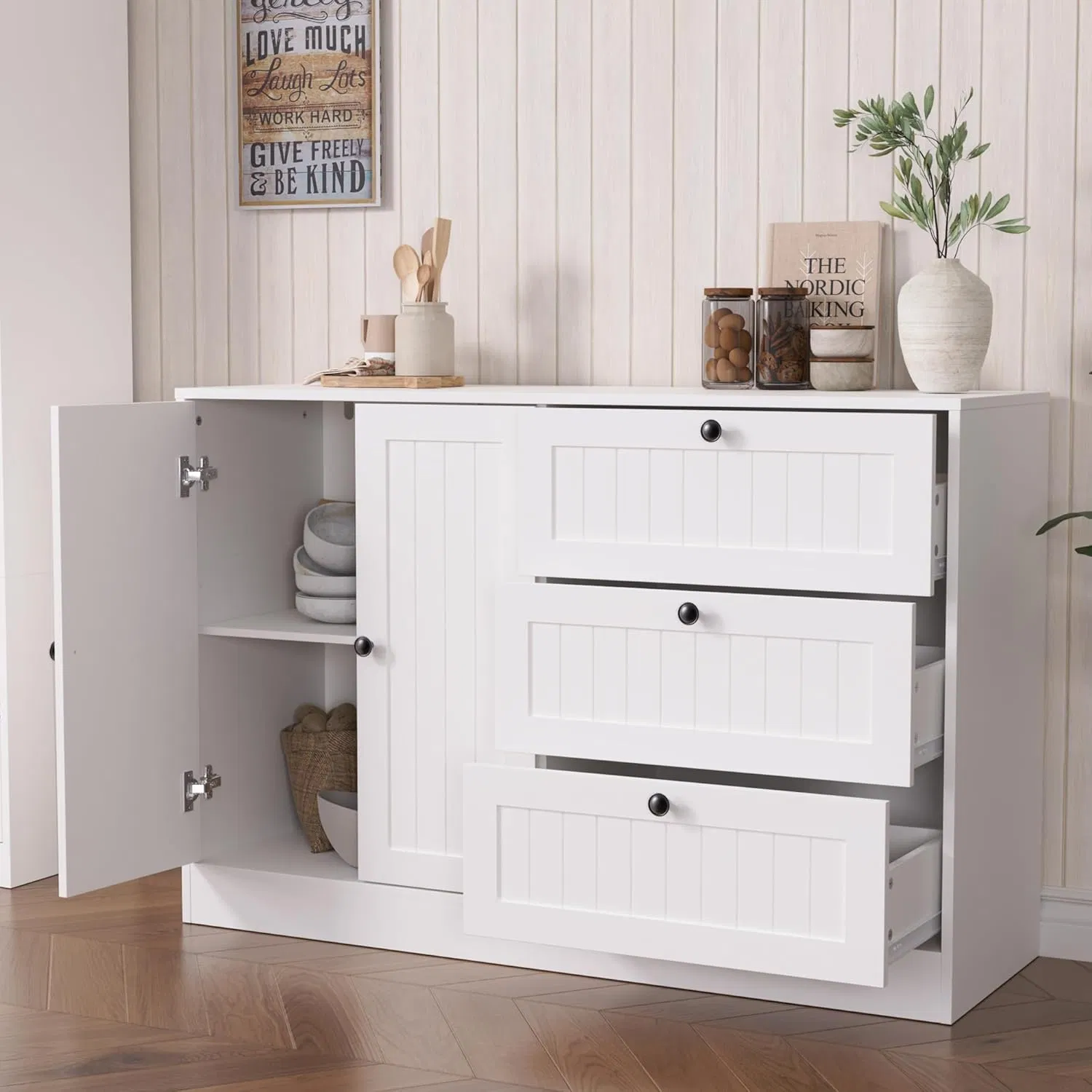 Large Modern White Wooden Sideboard, Luxurious Storage Cabinet with Drawers