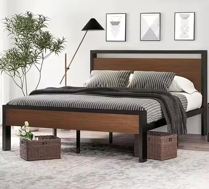 Stylish 14 Inch Queen Metal Bed Frame with Wooden Headboard