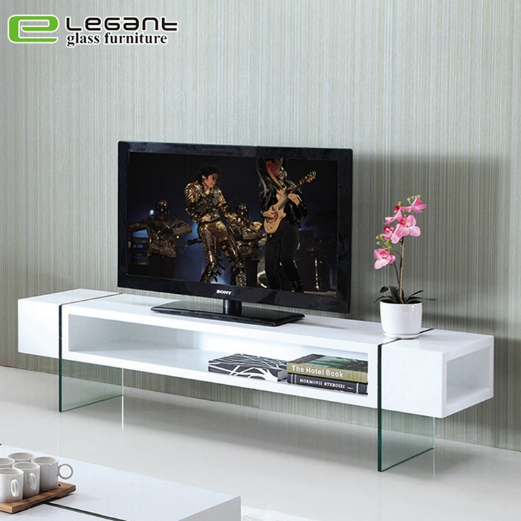 Glass LCD TV Stand with Walnut Wood Veneer Drawers