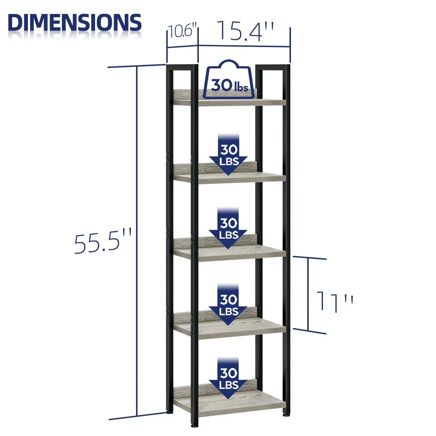 Narrow Bookshelf, 5 Tier Bookshelves, Free Standing Storage Shelving Unit
