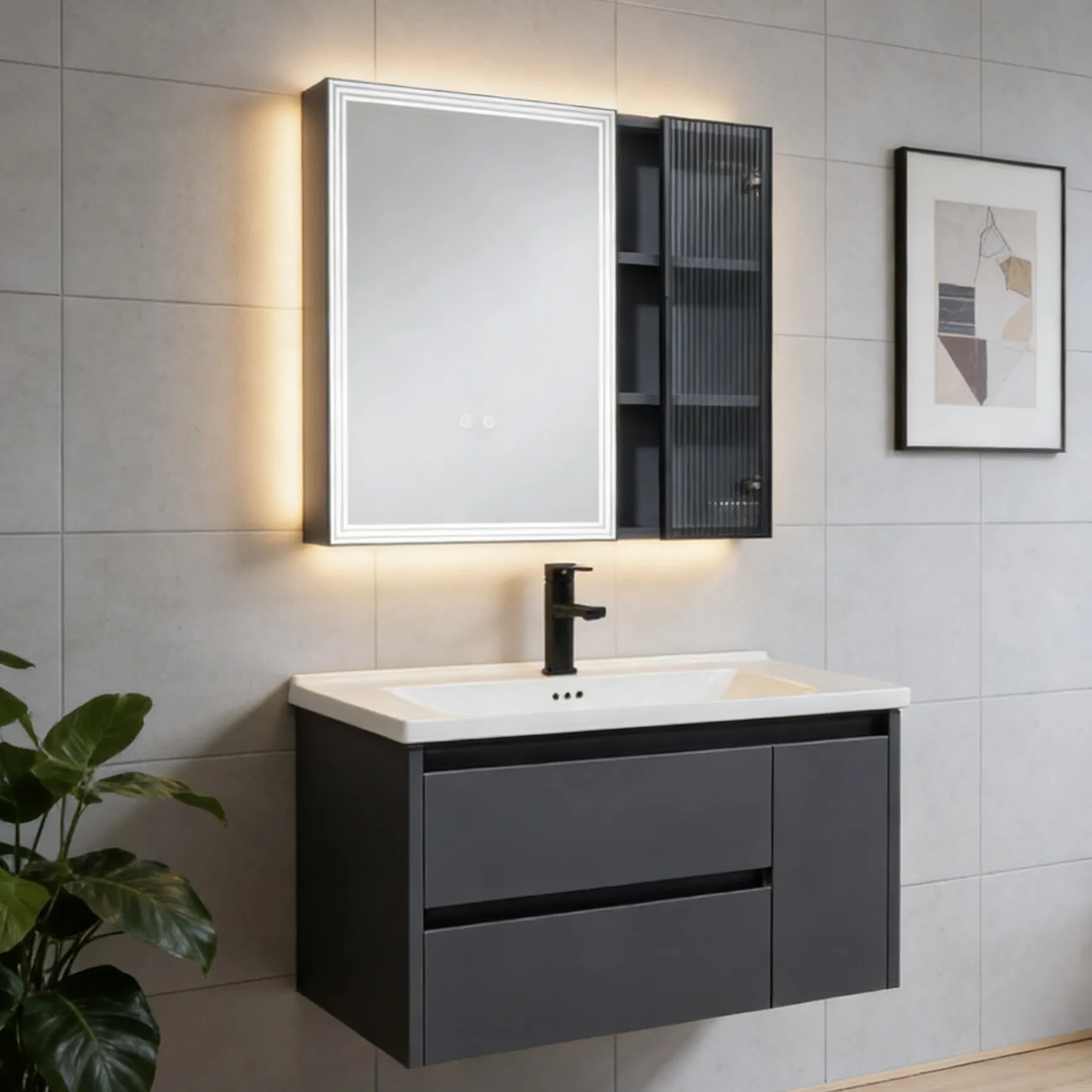 Jf Modern Bathroom Cabinet with Ceramic Basin Mirror