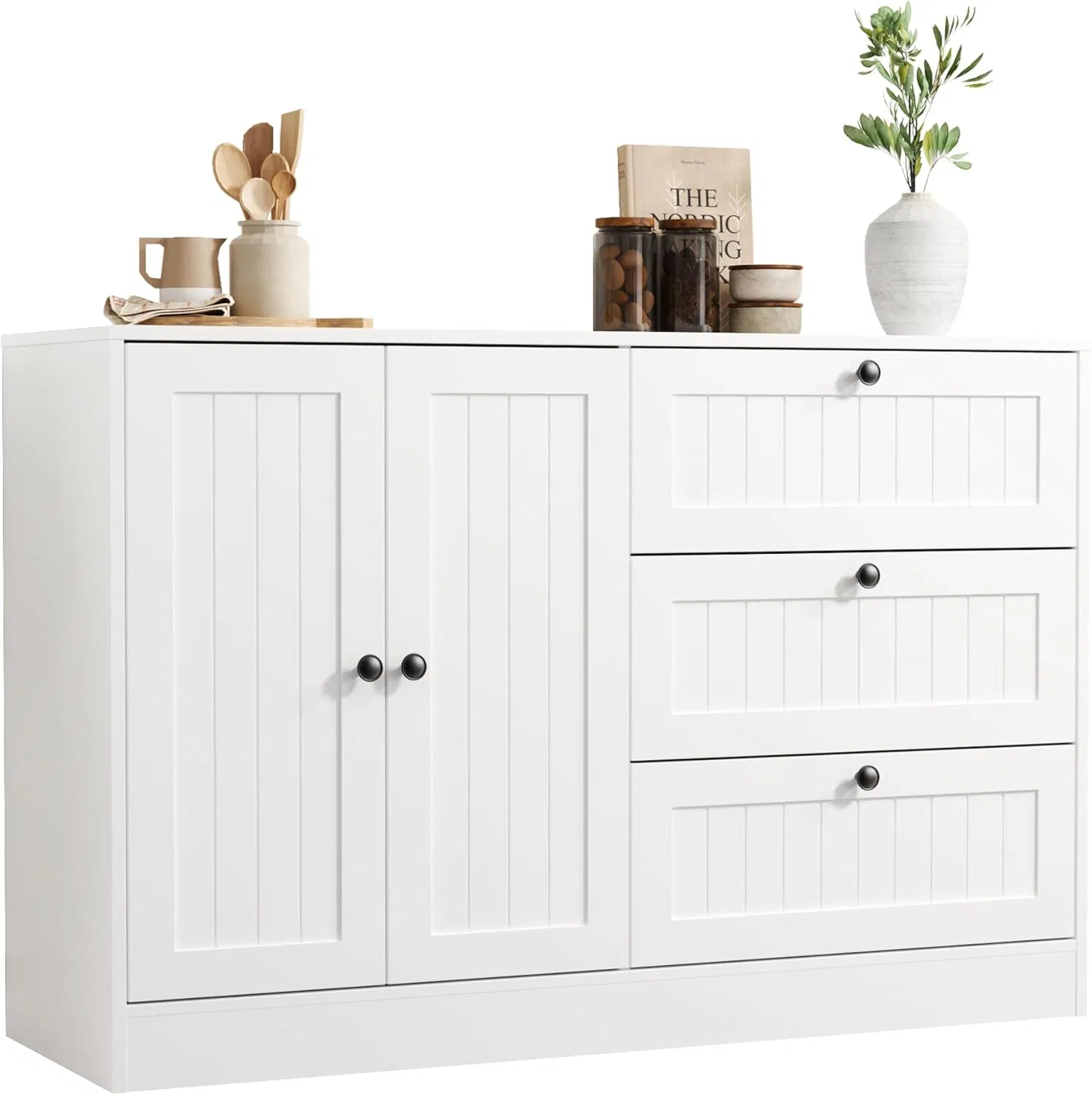 Large Modern White Wooden Sideboard, Luxurious Storage Cabinet with Drawers
