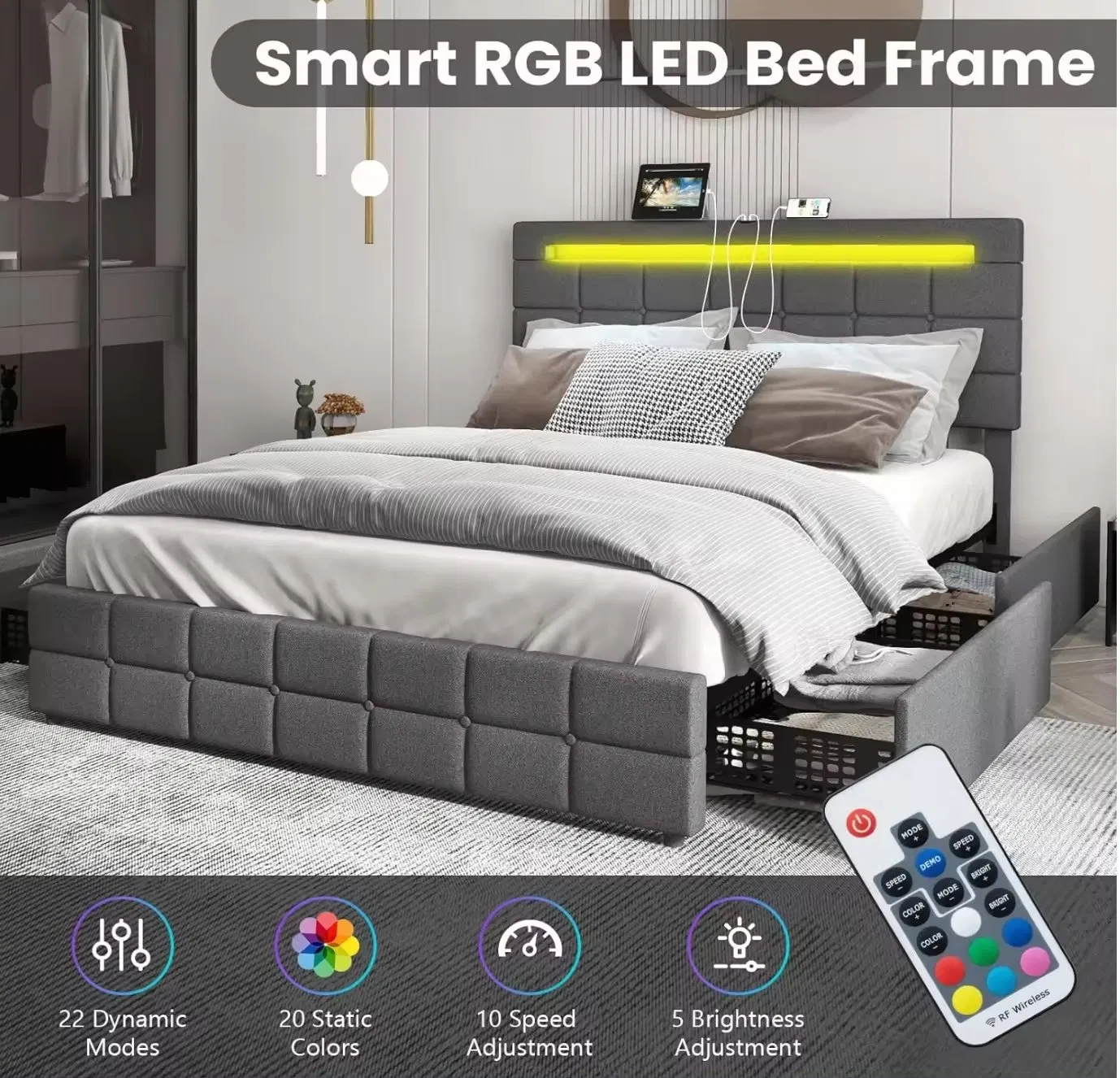 Yjx Full Size Bed Frame with USB Charging Station &amp; LED Lights
