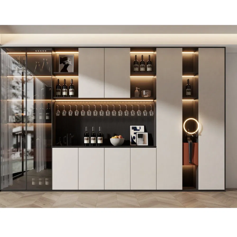 Minimalist Dining Sideboard Plywood Glass Doors LED Light Strip Storage Cabinet