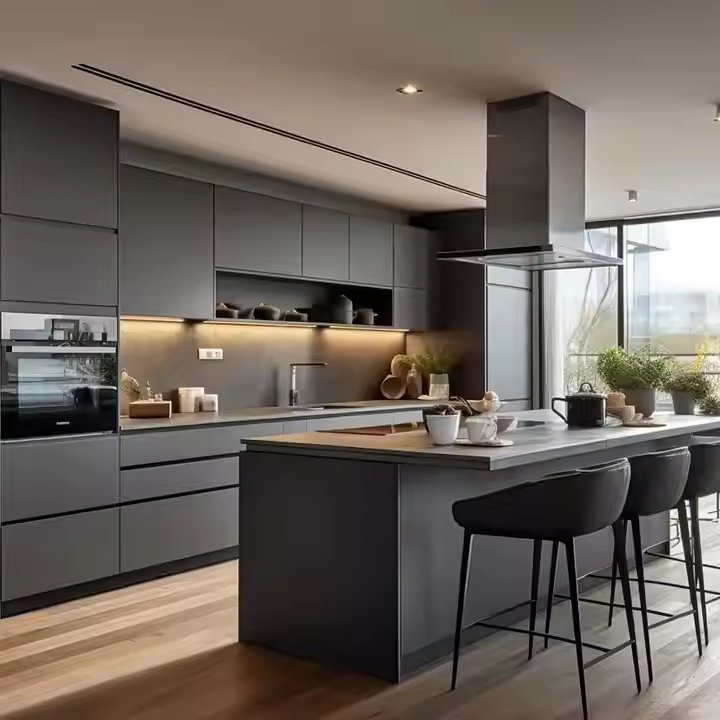 One-Stop Design Fashionable Villa Apartment Residential Cabinets and Sideboards High-End Matt Black Kitchen Cabinet Customization