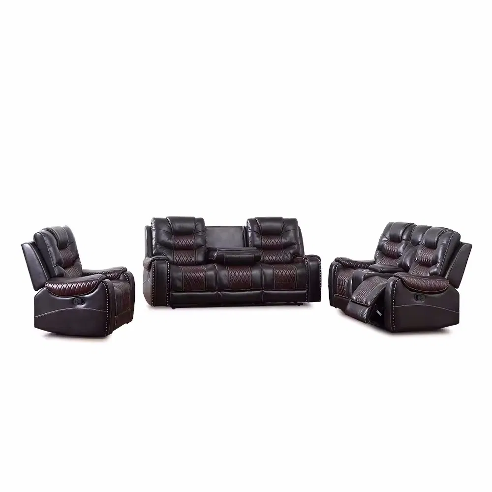 Huayang Genuine Leather Recliner Sofa Set Loveseat Sofa with Drop Table &amp; Console