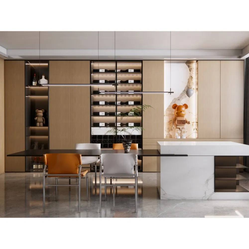 Minimalist Dining Sideboard Plywood Glass Doors LED Light Strip Storage Cabinet