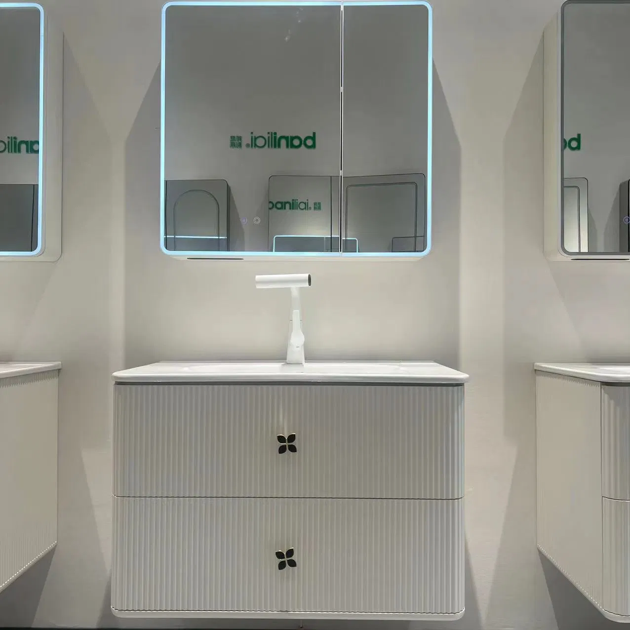 80cm White Double Drawer Striped Bathroom Cabinet