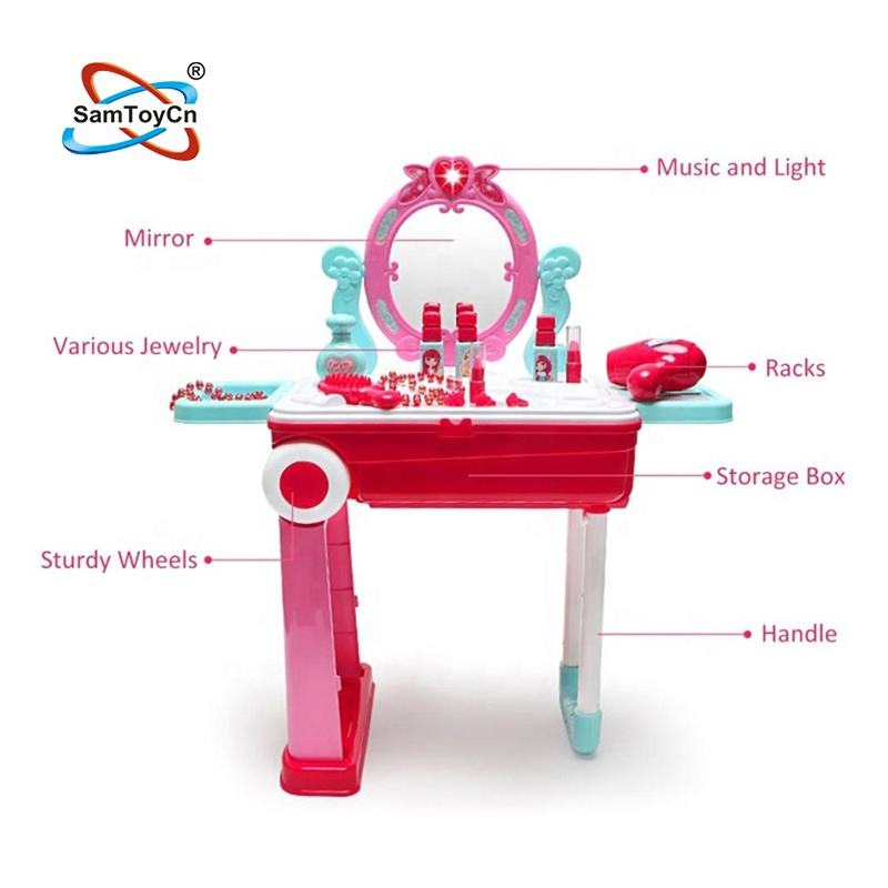Samtoy 2 em 1 Conjunto de Brinquedo de Maquiagem para Meninas com Mesa de Beleza de Pré-escola e Maleta de Plástico