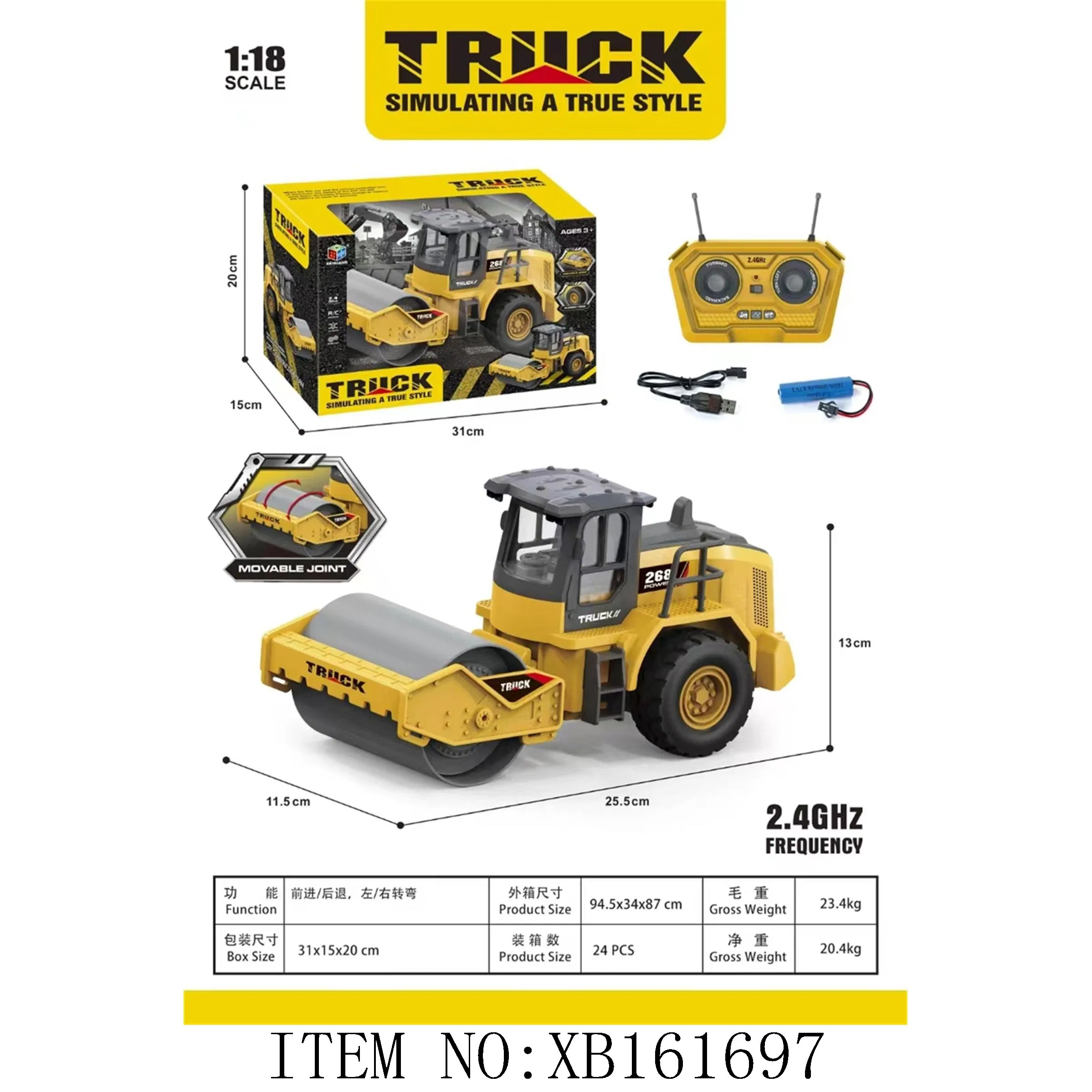 Novo Design Xinbo 2.4G Escala 1: 18 4 Controle Remoto Caminhão de Engenharia Plástico Brinquedo de Construção Caminhão de Estrada Rolo RC Brinquedo para Crianças