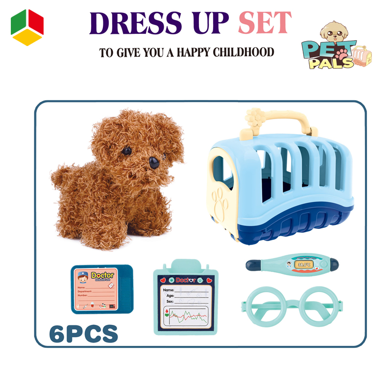 Brinquedo Educativo de Pretender Brincar para Crianças, Cesta de Mão Plástica Portátil 6PCS Conjunto de Brinquedos de Simulação de Papel de Doutor, Boneco de Cachorro de Pelúcia Fofo e Macio para Crianças