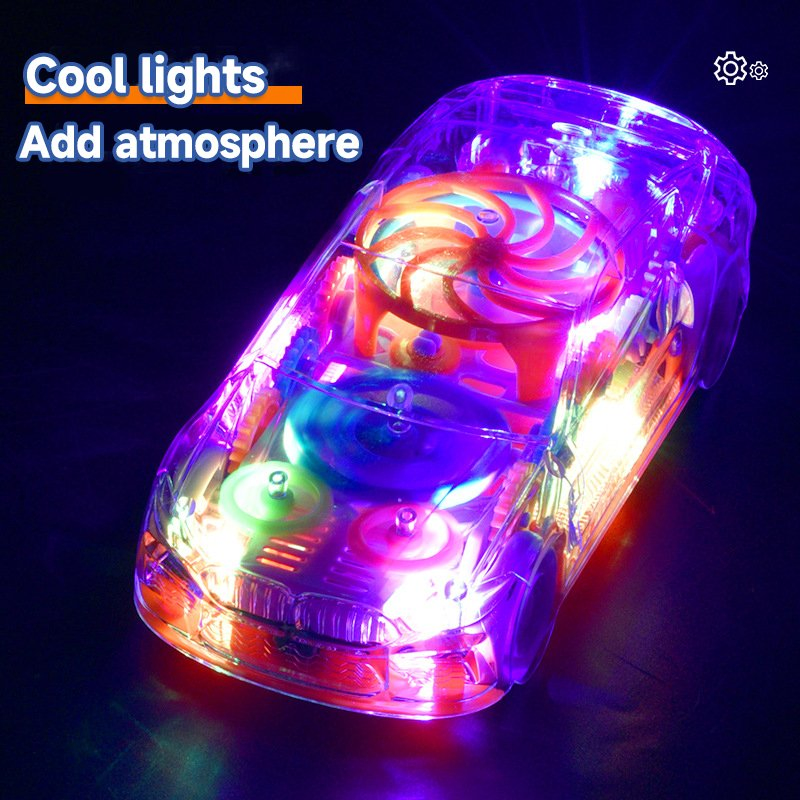 Brinquedo de carro de corrida universal elétrico transparente para crianças, operado por bateria, carro de conceito rotativo de plástico com música e luz