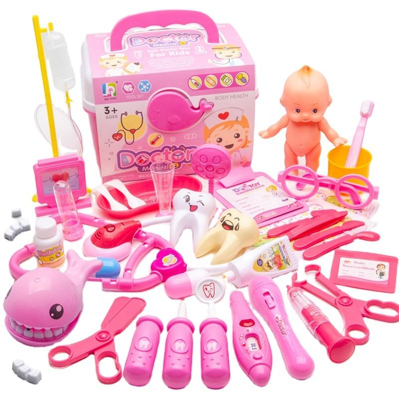 39PCS Educacional Interessante Vários Acessórios Médico Brincar de Fazer de Conta Dentista Brinquedo Doutor Brinquedos com Caixa Plástica Brinquedo Plástico