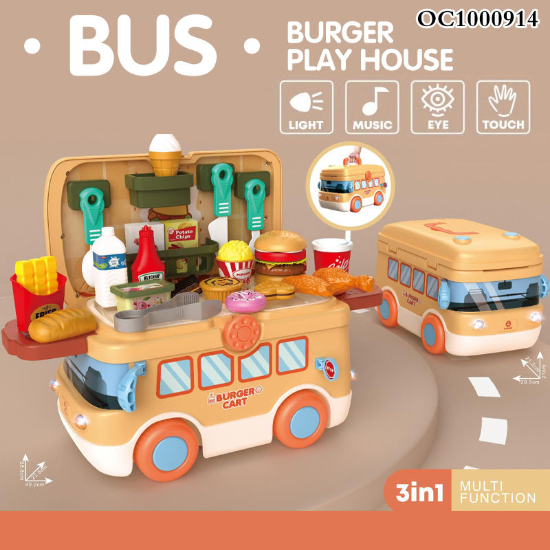 Ônibus de Desenho Animado Multifuncional de Plástico, Ônibus de Cozinha Móvel, Brinquedo de Fazer de Conta para Pré-escolares, Brinquedos de Fast Food para Crianças