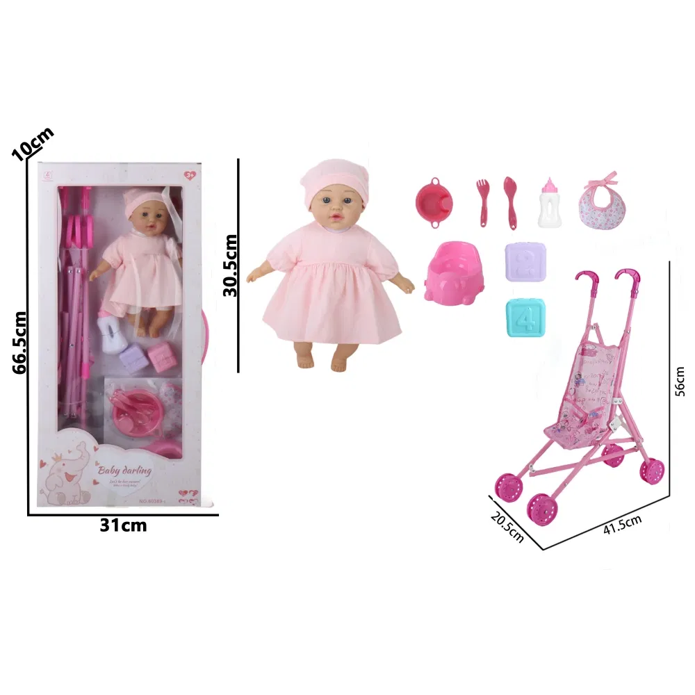 12-Inch Carrinho de Plástico com Janela e Pés Almofadados para Preencher com Enchimento de Boneca Bebê
