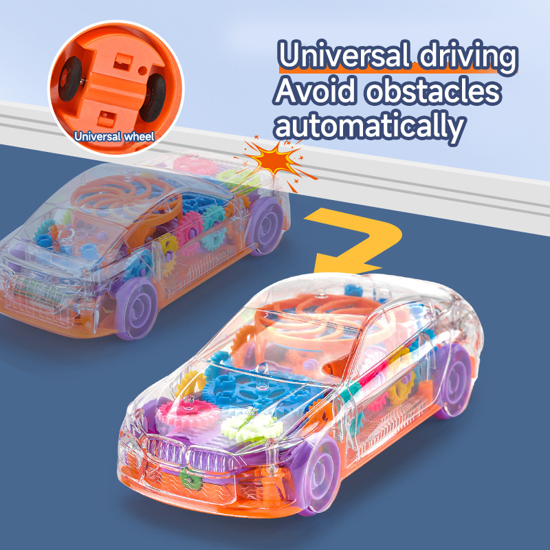 Brinquedo de carro de corrida universal elétrico transparente para crianças, operado por bateria, carro de conceito rotativo de plástico com música e luz