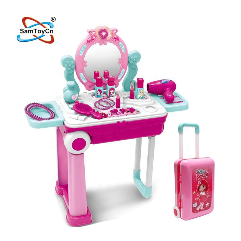 Samtoy 2 em 1 Conjunto de Brinquedo de Maquiagem para Meninas com Mesa de Beleza de Pré-escola e Maleta de Plástico