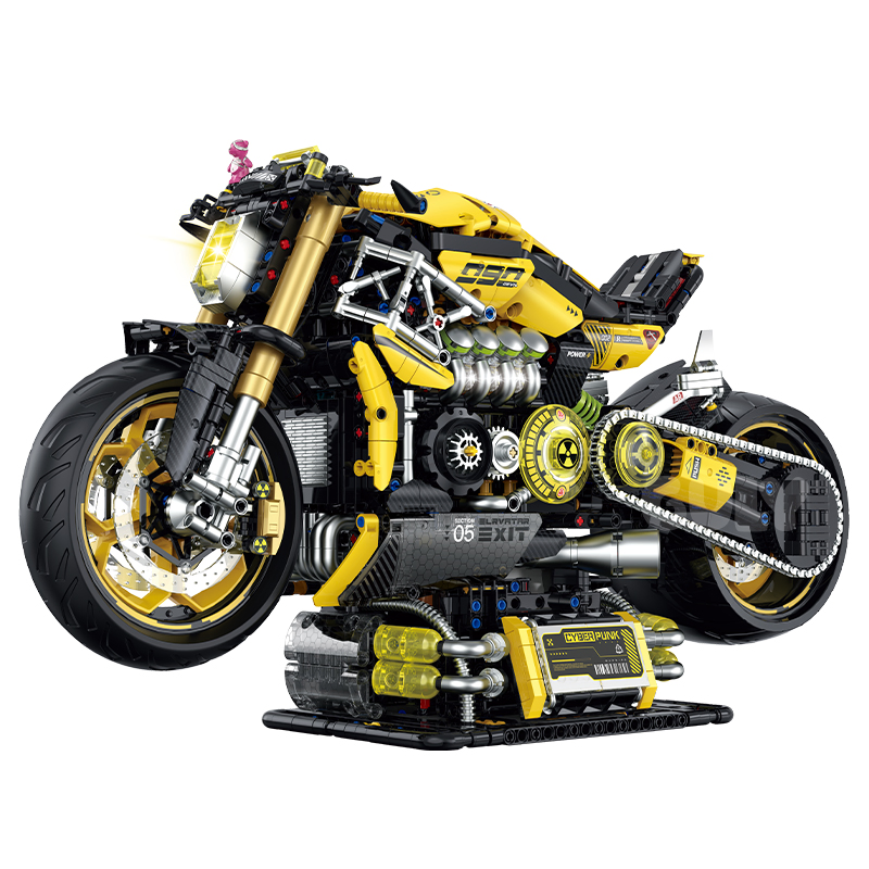 1: 5 Modelo de Blocos de Construção de Motocicleta Cyberpunk com 2.4G Controle Remoto, Luz LED, Suporte de Exibição Spray Grande, Brinquedo de Construção de Motocicleta de Corrida para Crianças