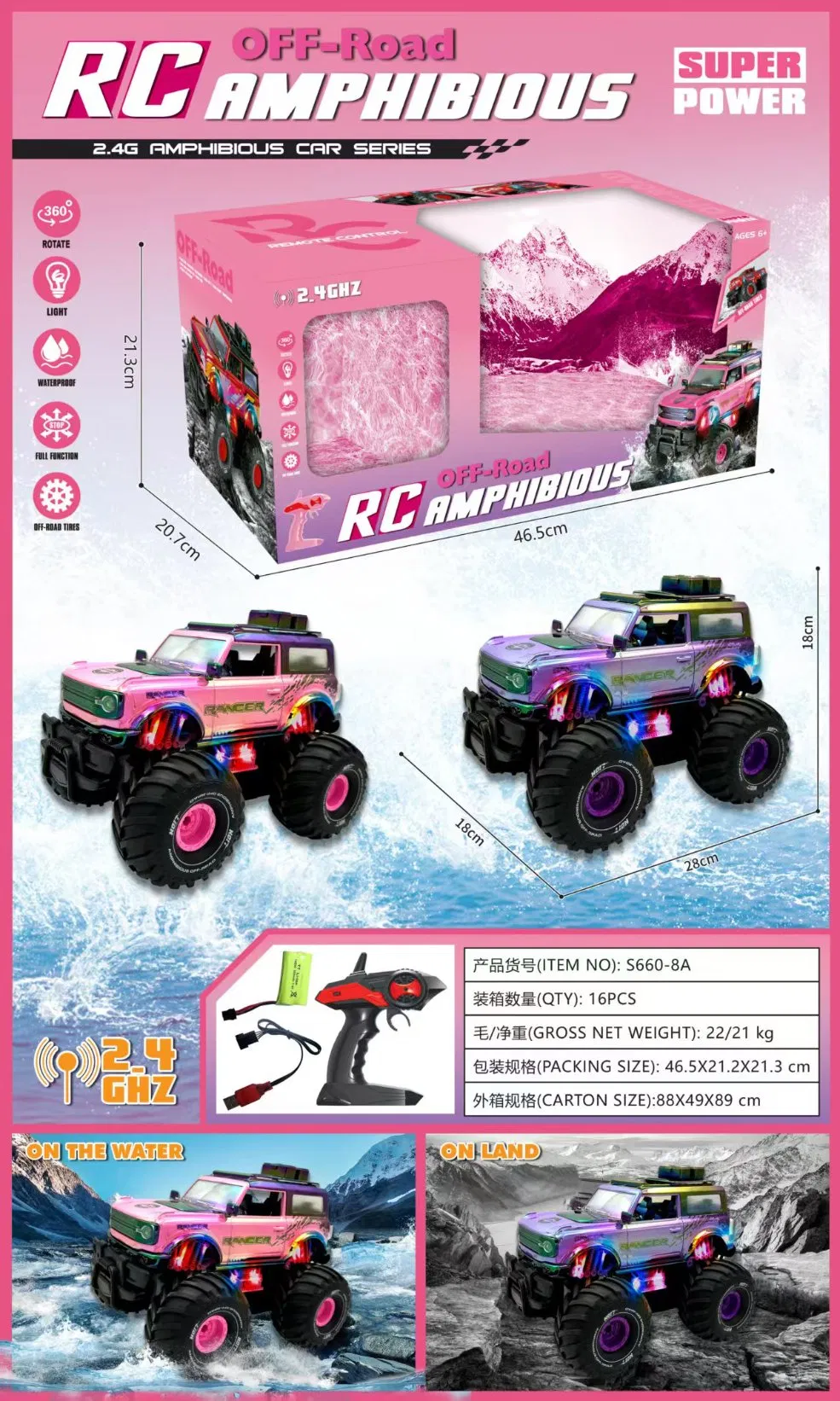 Novo 2.4G Carro RC Controlado por Rádio Veículo Infantil Off-Road Controle Remoto - Escalada em Montanha, Veículo Anfibio para Acrobacias Veículo Off-Road em Terra e Água