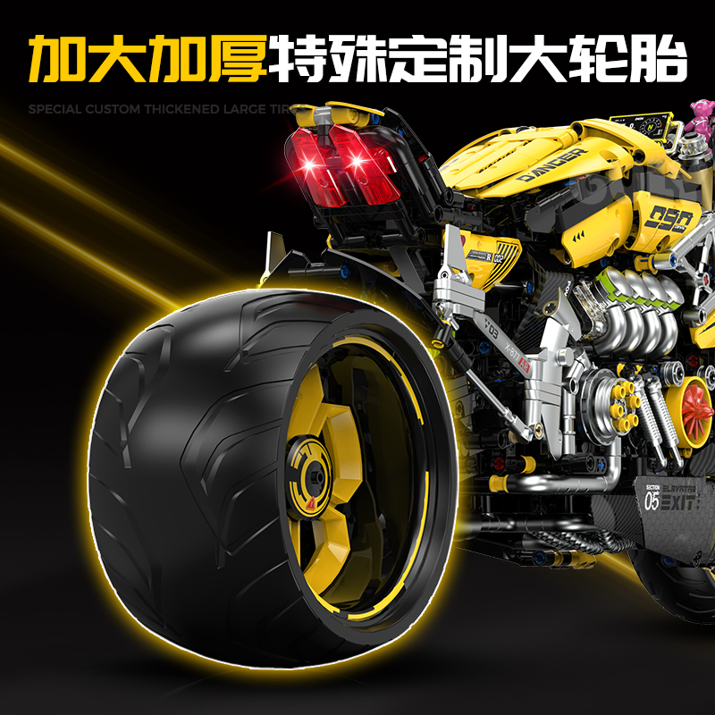 1: 5 Modelo de Blocos de Construção de Motocicleta Cyberpunk com 2.4G Controle Remoto, Luz LED, Suporte de Exibição Spray Grande, Brinquedo de Construção de Motocicleta de Corrida para Crianças