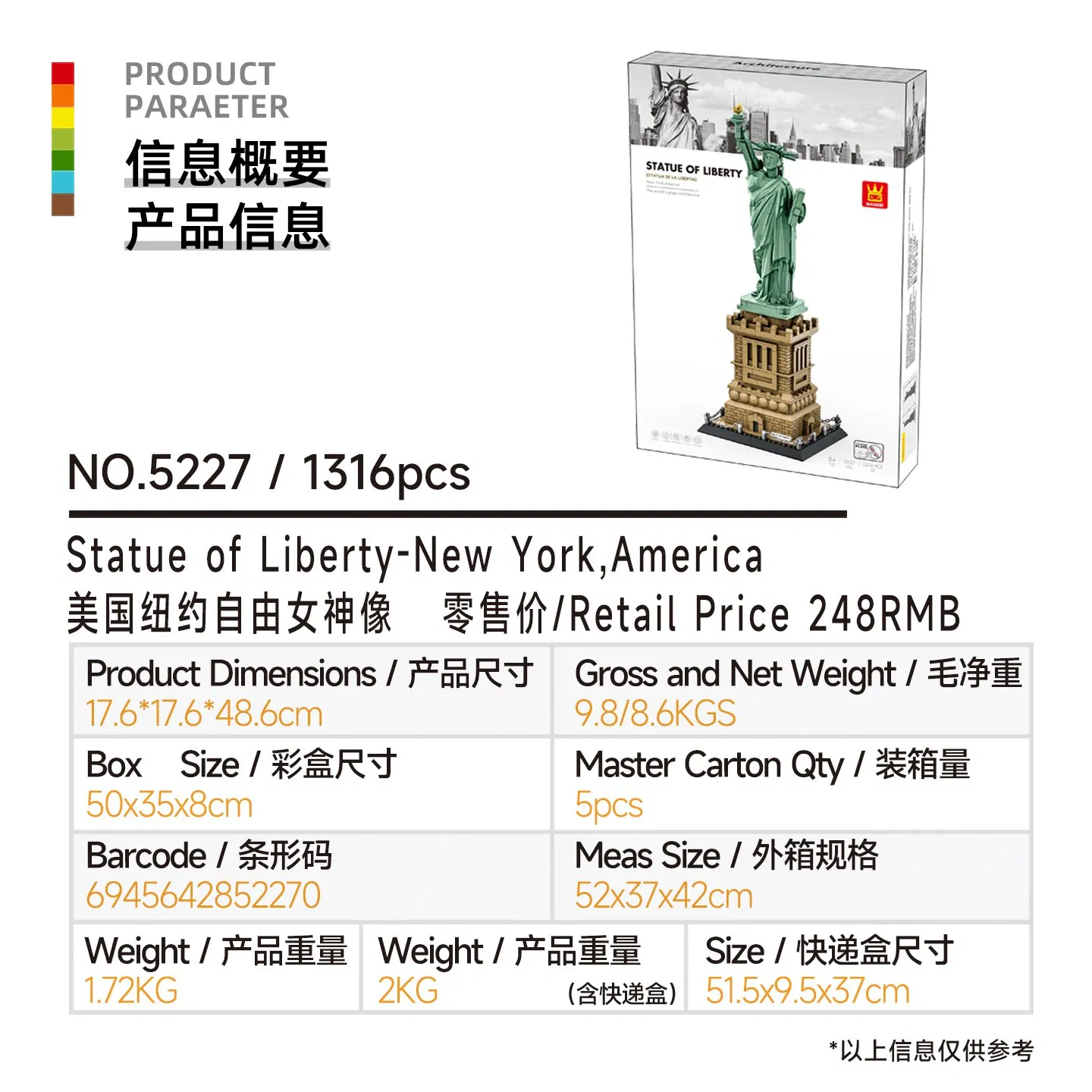 Caixa de presente colecionável em plástico educativo para crianças, modelo da Estátua da Liberdade de Nova York, América 1316PCS Brinquedo de montar DIY