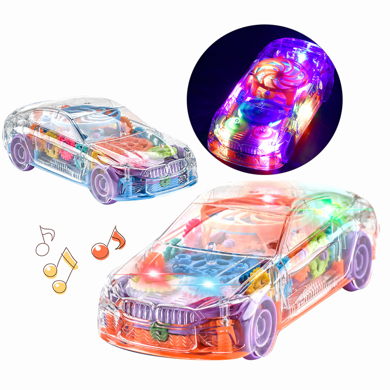 Brinquedo de carro de corrida universal elétrico transparente para crianças, operado por bateria, carro de conceito rotativo de plástico com música e luz