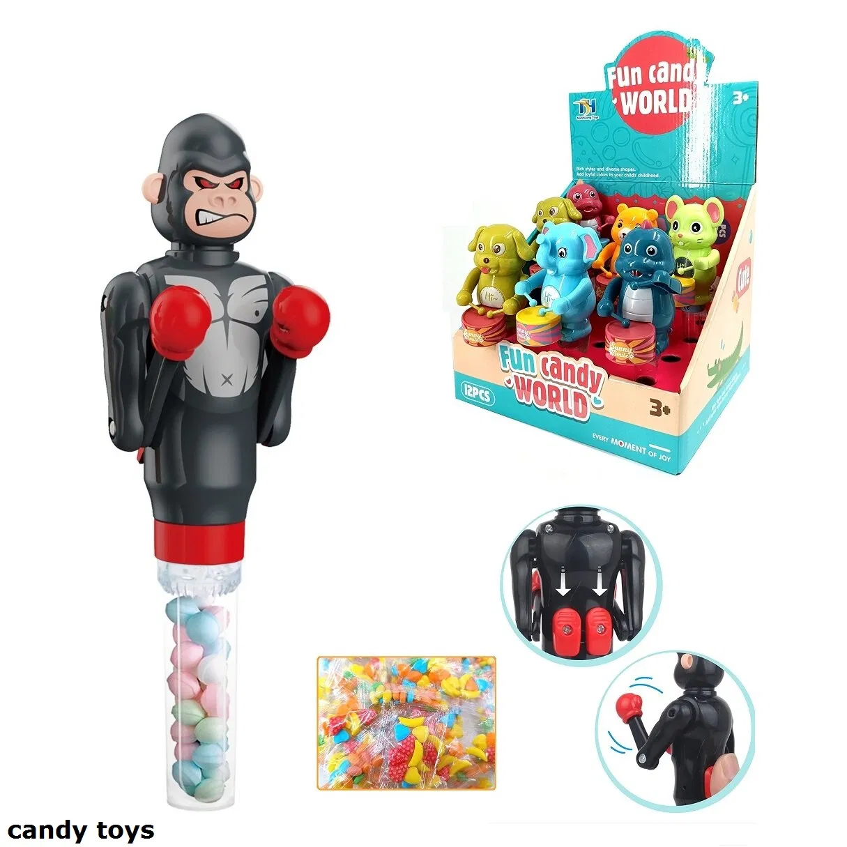 OEM Doce Brinquedo Crianças Plástico Boxe Animal Canguru Desenho Animado Gorila Fantasia Doces de Gelatina