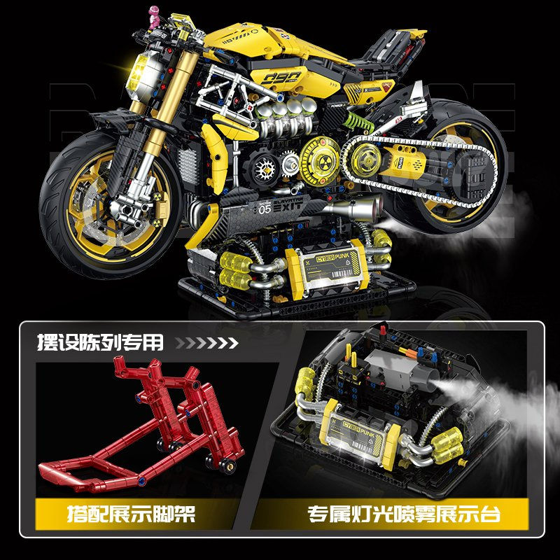 1: 5 Modelo de Blocos de Construção de Motocicleta Cyberpunk com 2.4G Controle Remoto, Luz LED, Suporte de Exibição Spray Grande, Brinquedo de Construção de Motocicleta de Corrida para Crianças