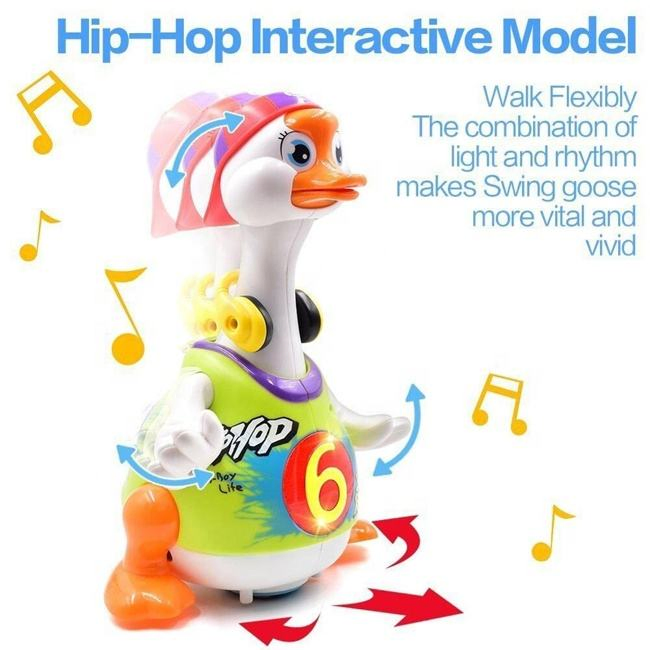 Brinquedo de animal dançante em forma de ganso elétrico, educativo, de plástico, com música, luz e que anda