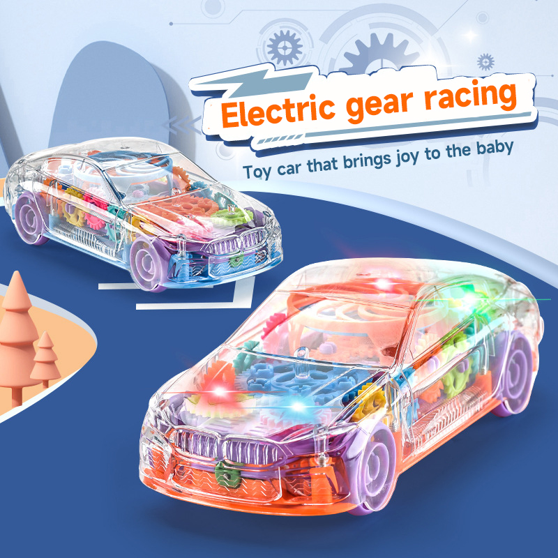 Brinquedo de carro de corrida universal elétrico transparente para crianças, operado por bateria, carro de conceito rotativo de plástico com música e luz
