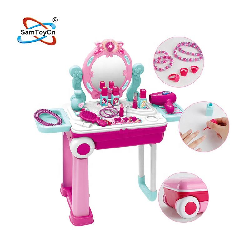 Samtoy 2 em 1 Conjunto de Brinquedo de Maquiagem para Meninas com Mesa de Beleza de Pré-escola e Maleta de Plástico