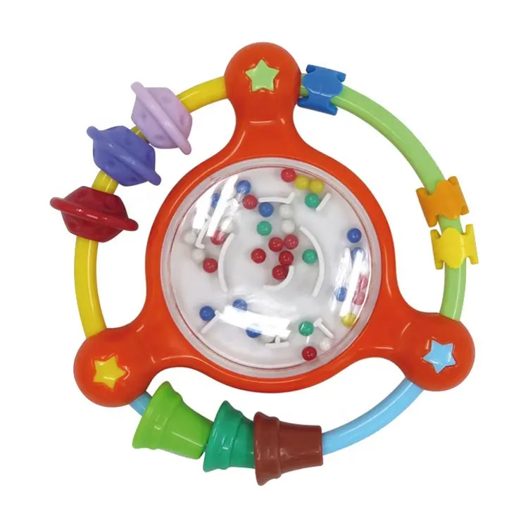 Brinquedos de chocalho coloridos para bebês feitos de plástico ecológico com sons e contas em forma de labirinto