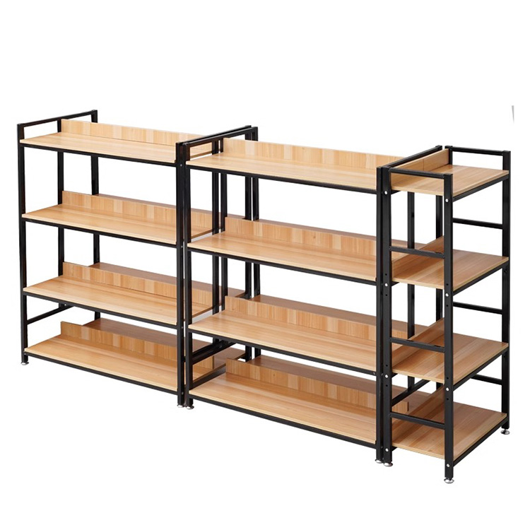 Custom Shop Double-Sided Supermarket Wooden Display Rack Shelves Metallic Super Market Racks