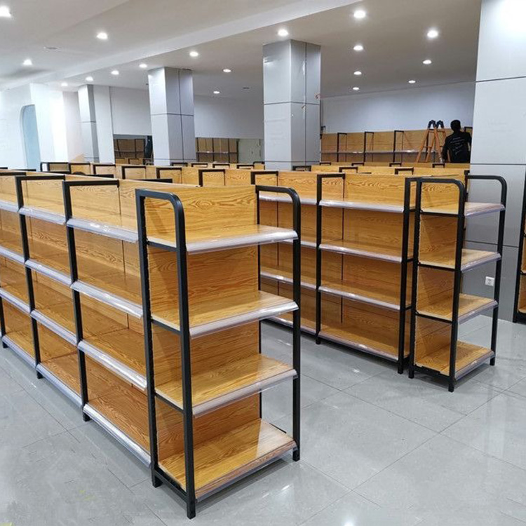Custom Shop Double-Sided Supermarket Wooden Display Rack Shelves Metallic Super Market Racks