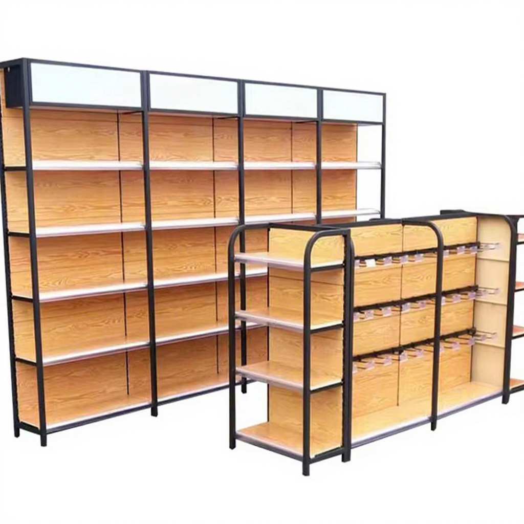 Single / Double-sided Supermarket Shelves Modern Iron Convenience Store Shelves Grocery Metal Supermarket Stacking Display Racks